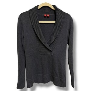 Esprit Womens Charcoal Gray 100% Cotton Shawl Collar V-Neck Knit Sweater Size M